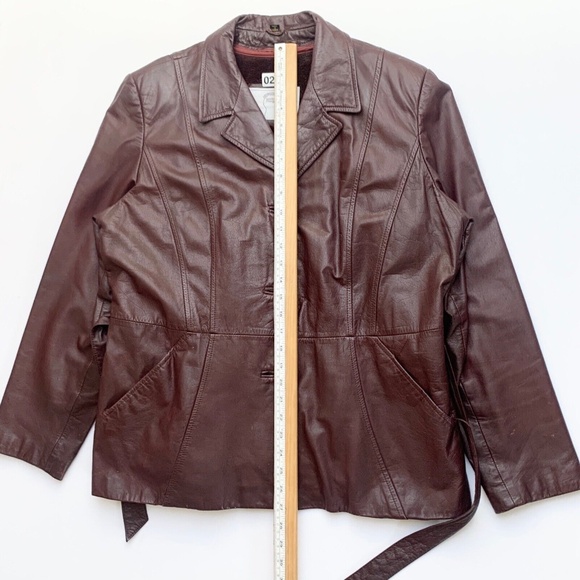 Vintage 90s Red Brown Leather Button Jacket Blazer Tie Waist Removable Lining L - Picture 10 of 16